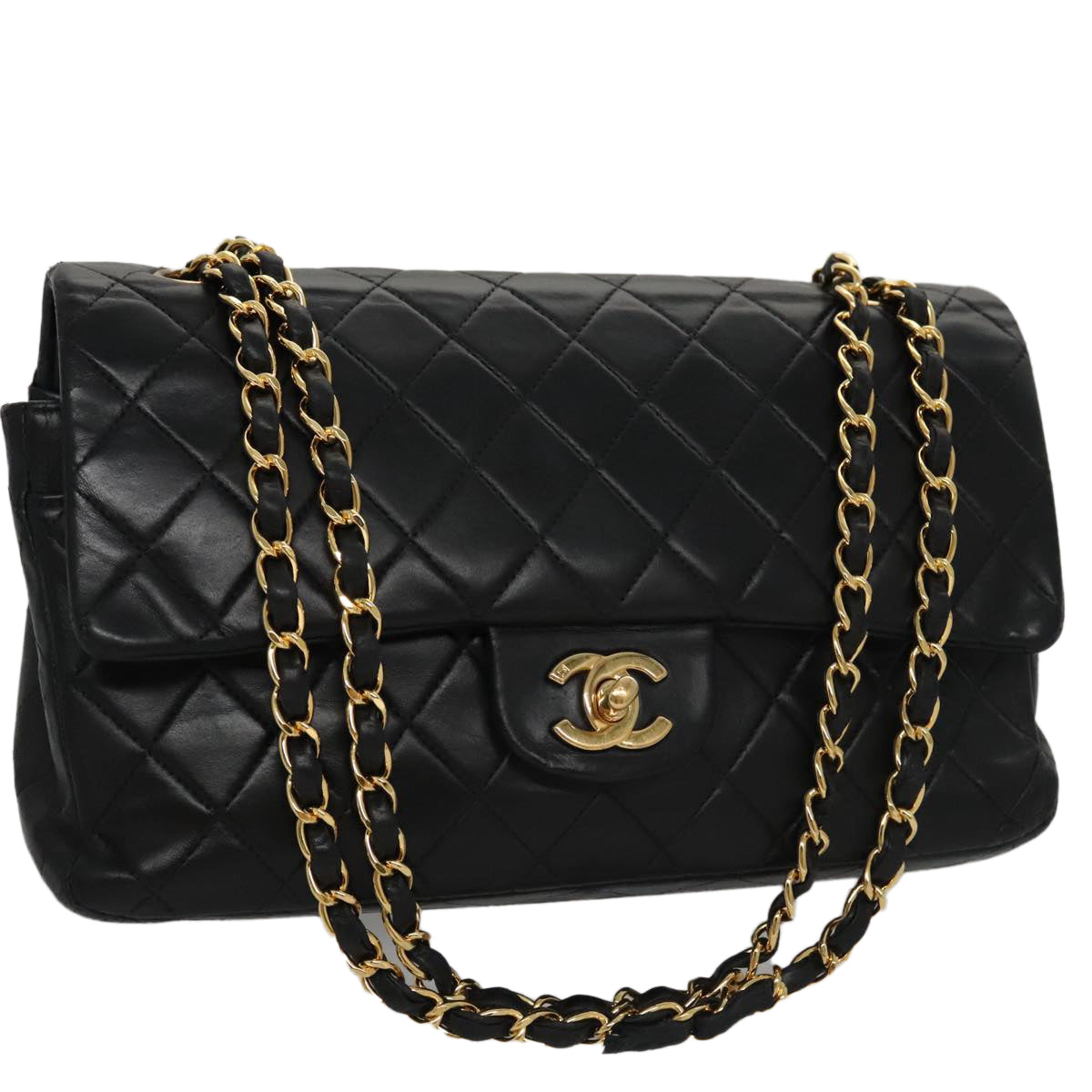 CHANEL Chain Matelasse 25 Shoulder Bag Lamb Skin Black Gold CC Auth 103227