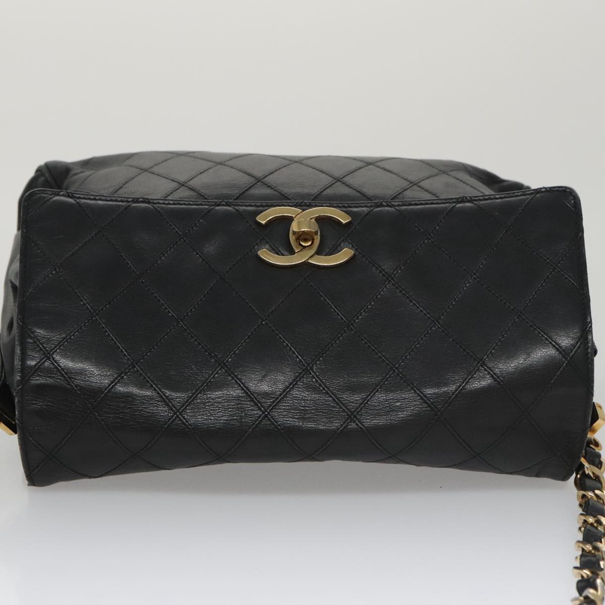 CHANEL Bicolore Chain Matelasse Shoulder Bag Lamb Skin Black Gold CC Auth 103228