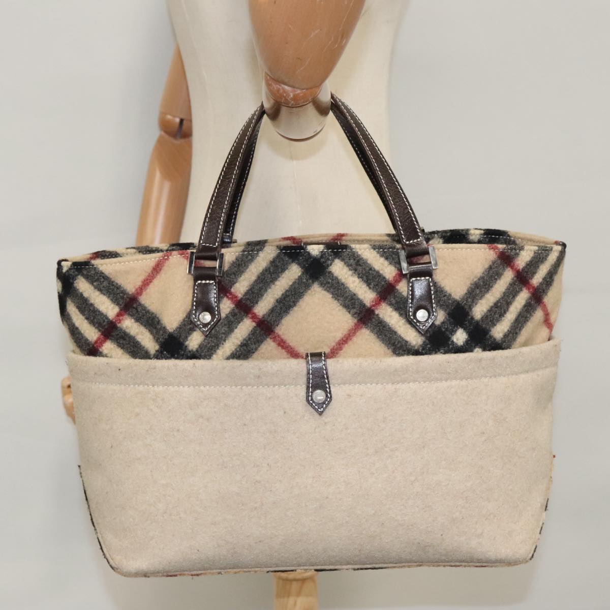 BURBERRY Blue Label Nova Check Hand Bag Wool Beige Auth 103260