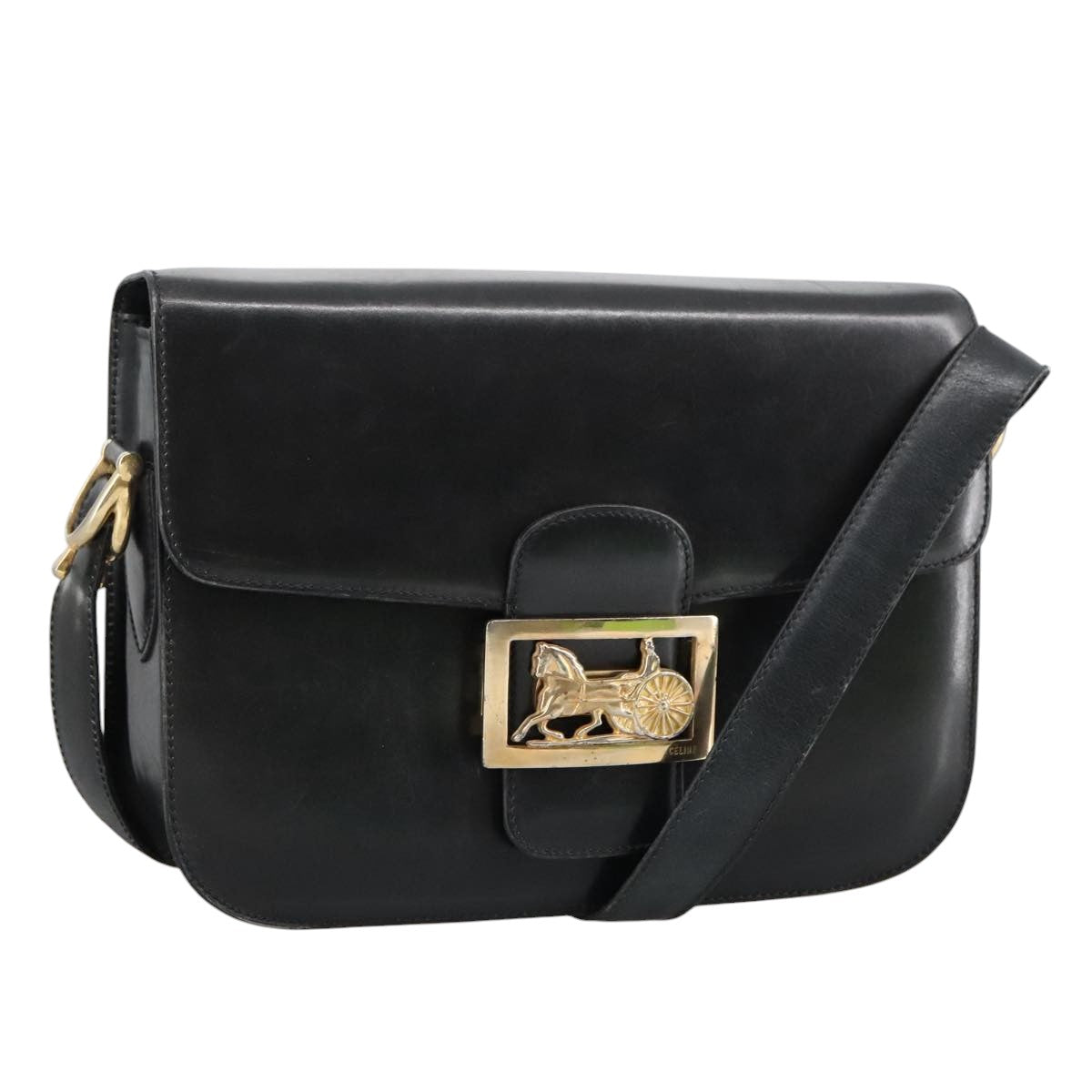 CELINE Shoulder Bag Leather Black Gold Auth 103264