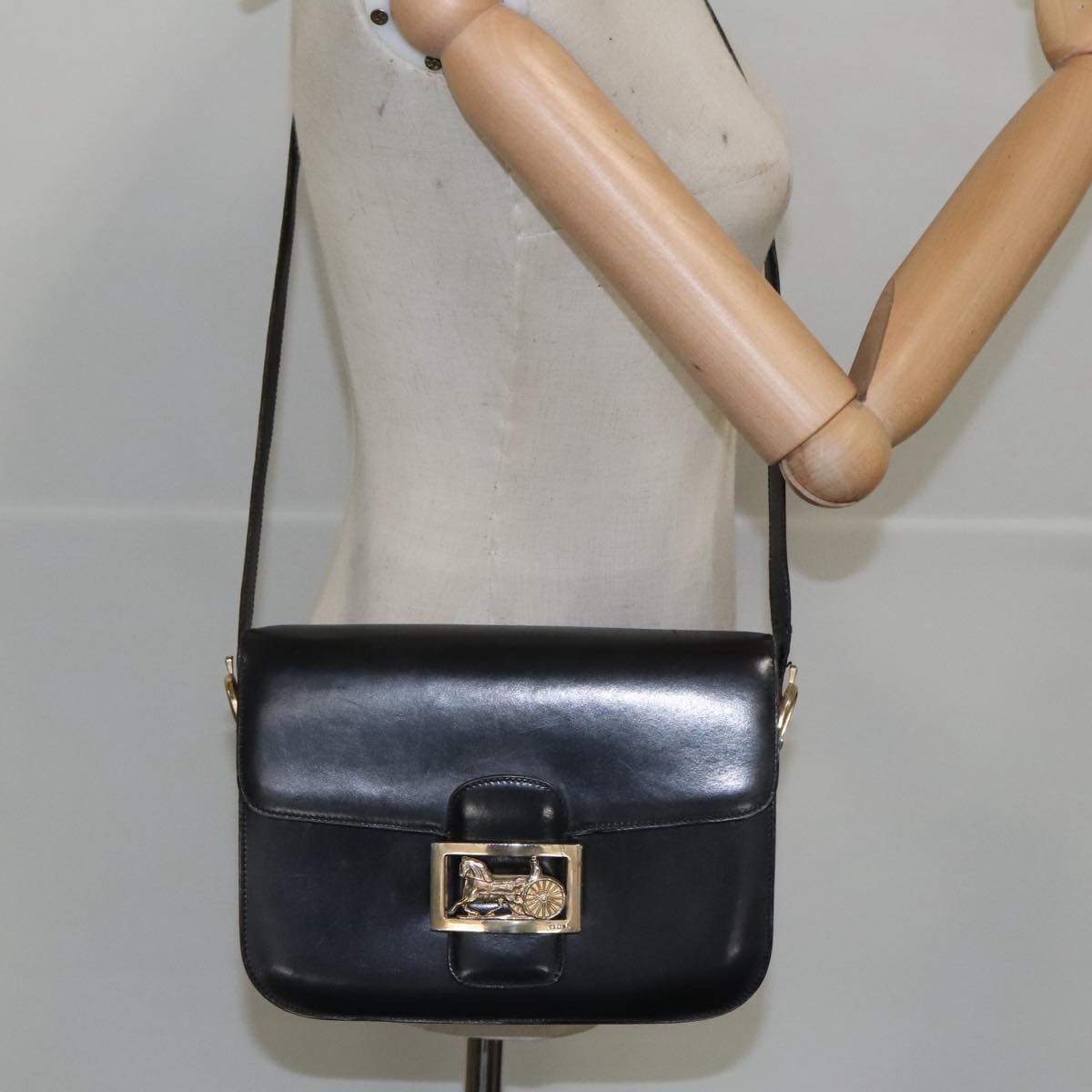 CELINE Shoulder Bag Leather Black Gold Auth 103264