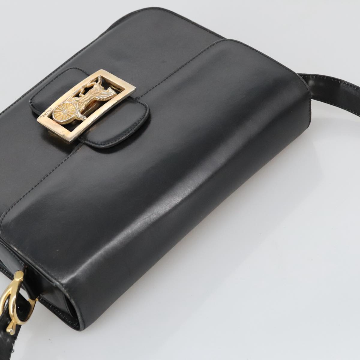 CELINE Shoulder Bag Leather Black Gold Auth 103264