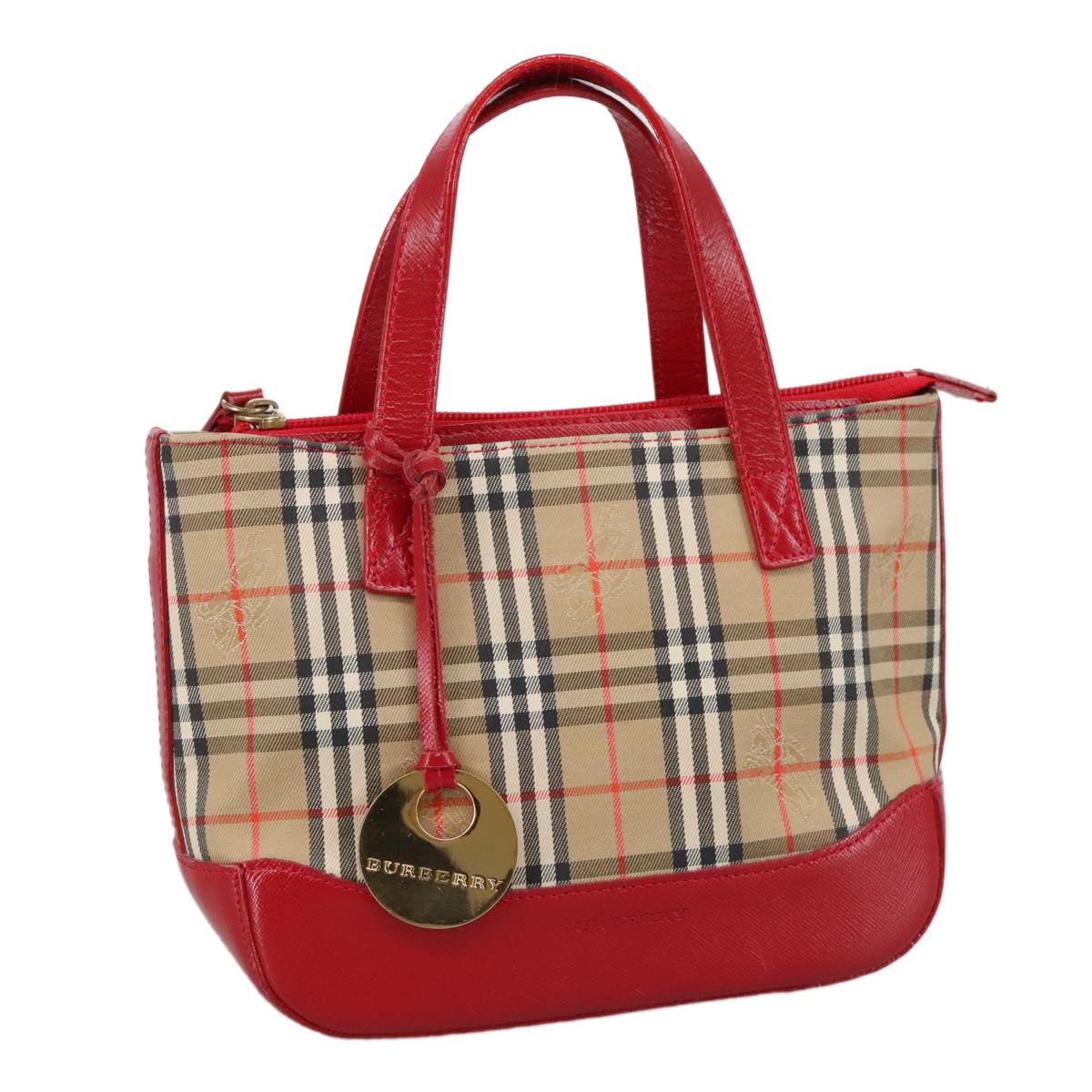 BURBERRY Nova Check Hand Bag Canvas Red Beige Auth 103277