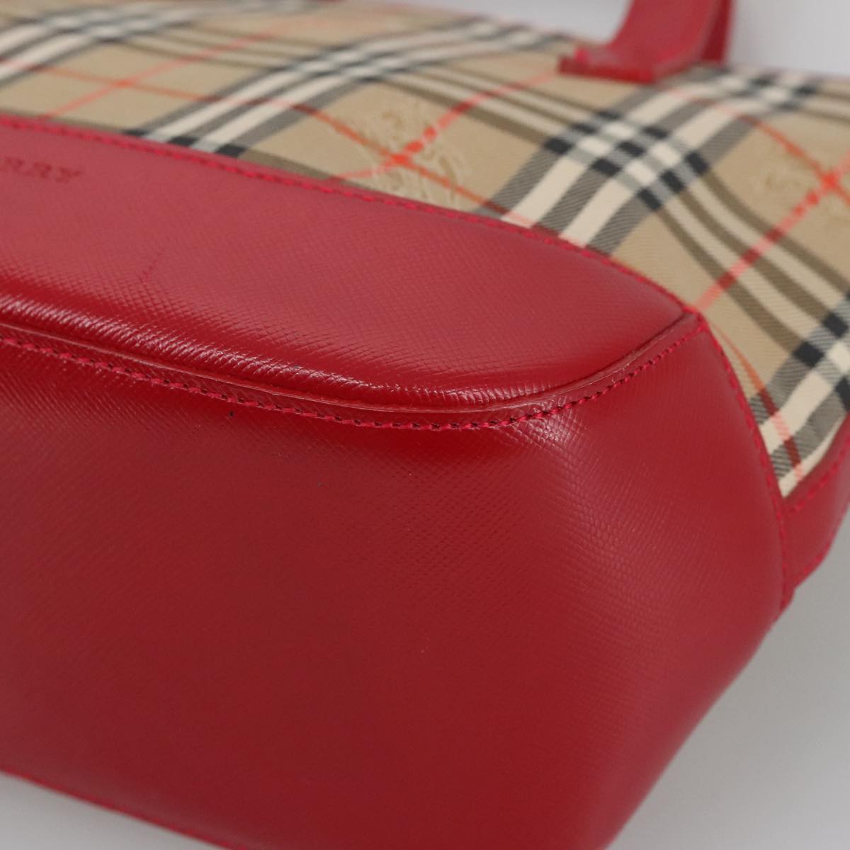 BURBERRY Nova Check Hand Bag Canvas Red Beige Auth 103277