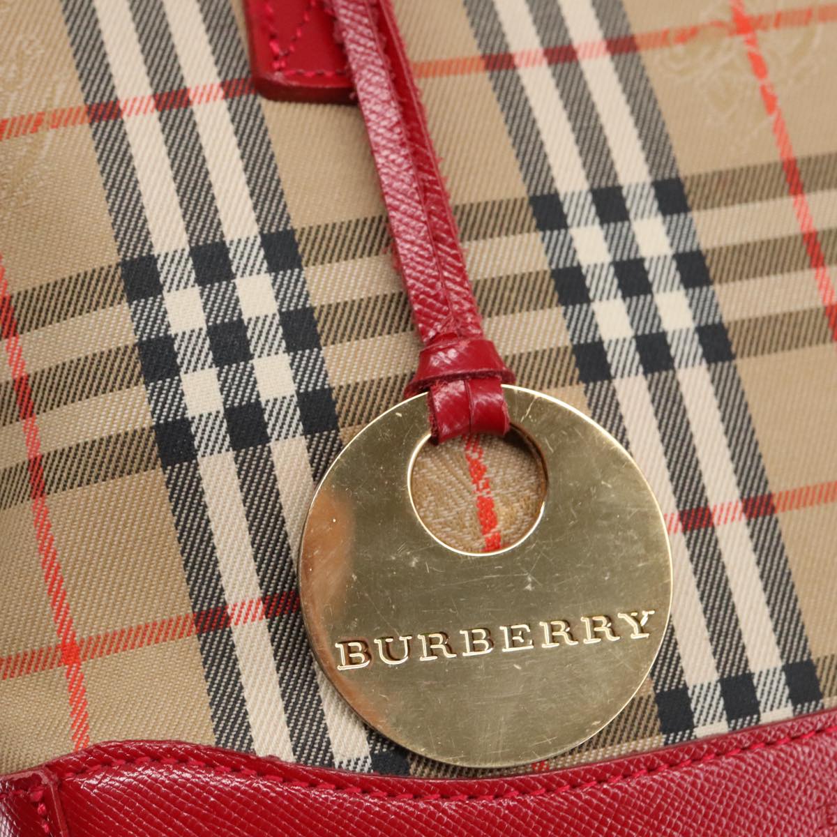 BURBERRY Nova Check Hand Bag Canvas Red Beige Auth 103277