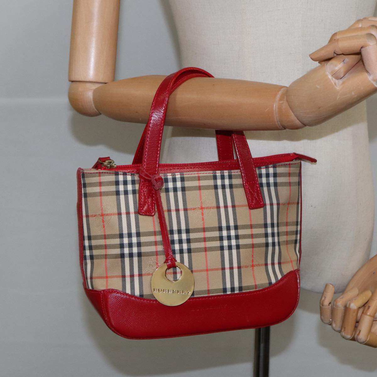 BURBERRY Nova Check Hand Bag Canvas Red Beige Auth 103277