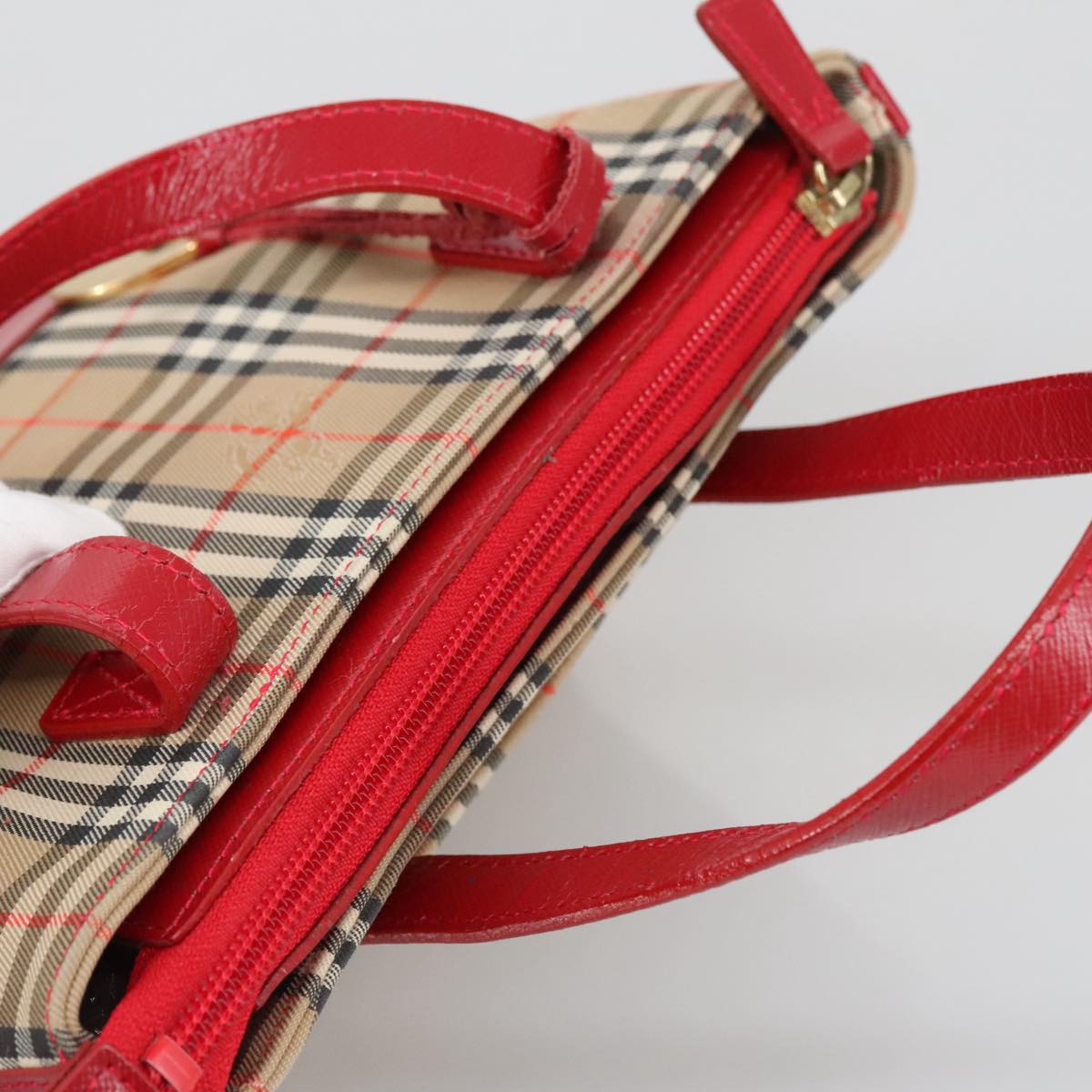 BURBERRY Nova Check Hand Bag Canvas Red Beige Auth 103277