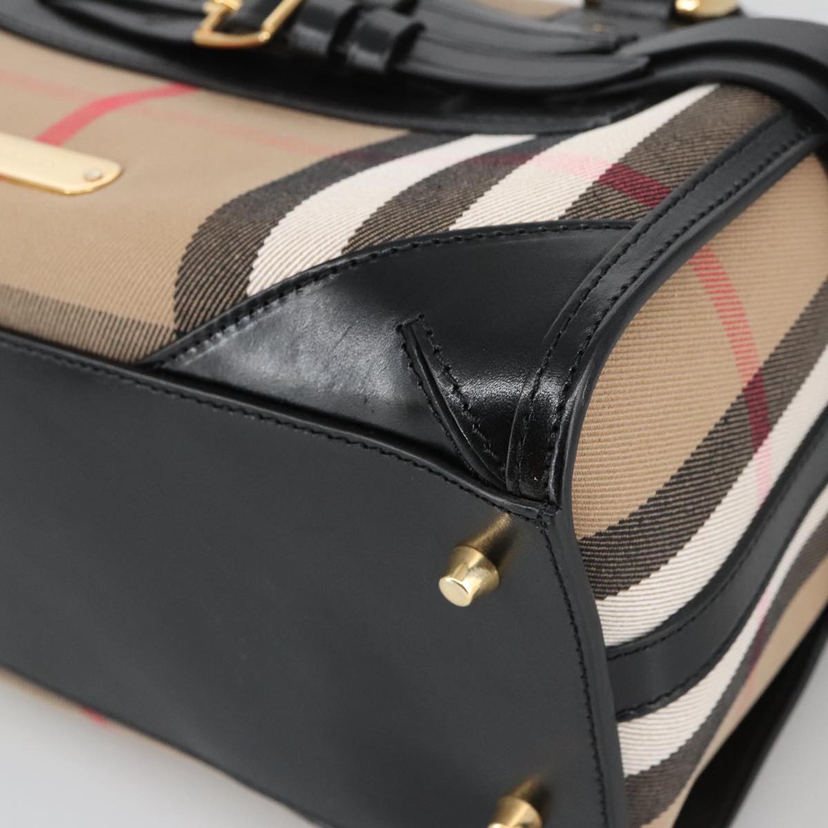 BURBERRY Nova Check Hand Bag Canvas 2way Beige Black Auth 103293AV
