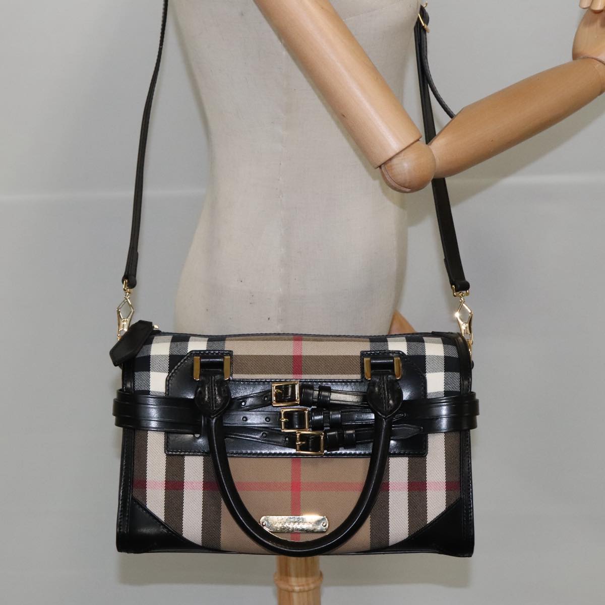 BURBERRY Nova Check Hand Bag Canvas 2way Beige Black Auth 103293AV
