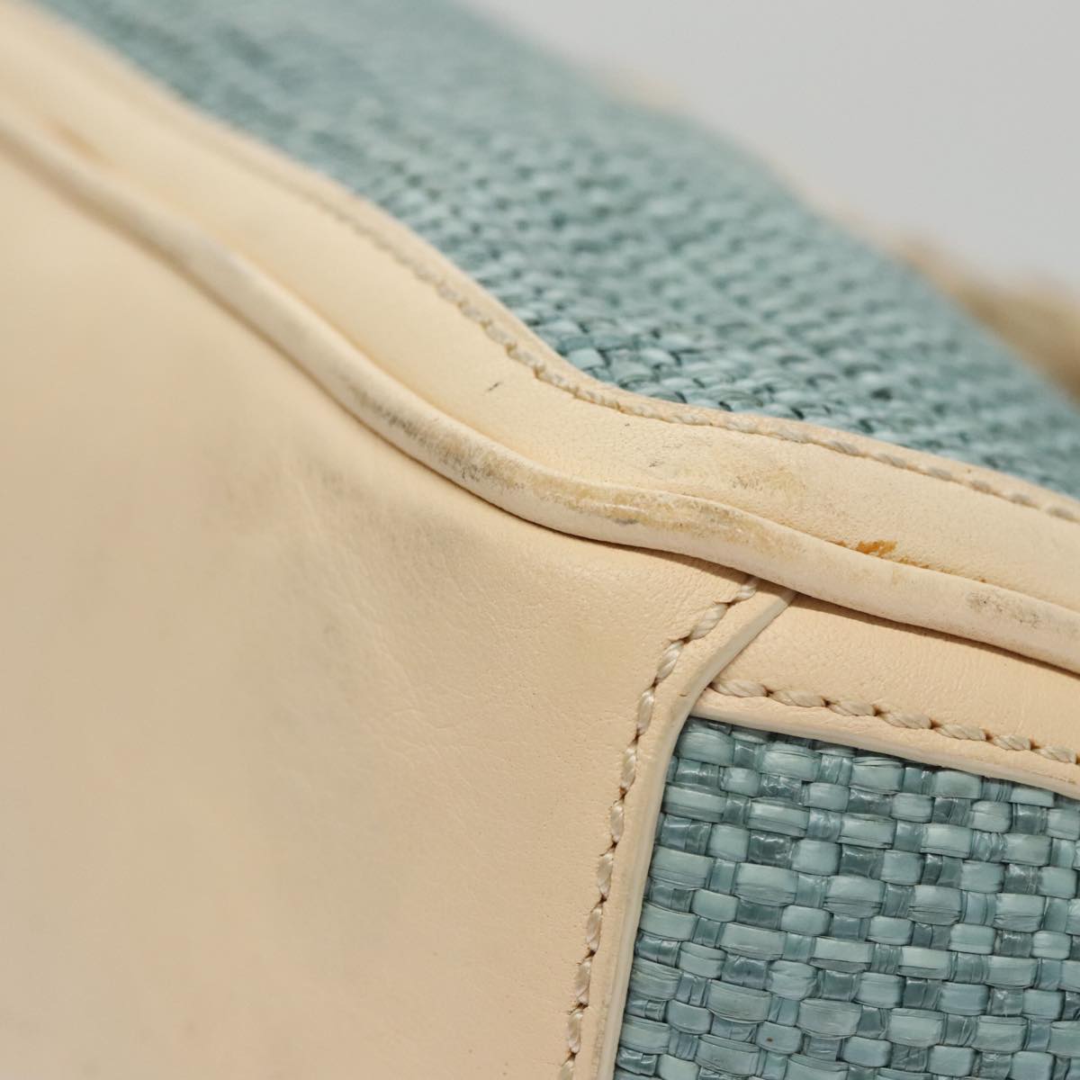 CELINE Hand Bag Straw Leather Blue Cream Gold Auth 103294