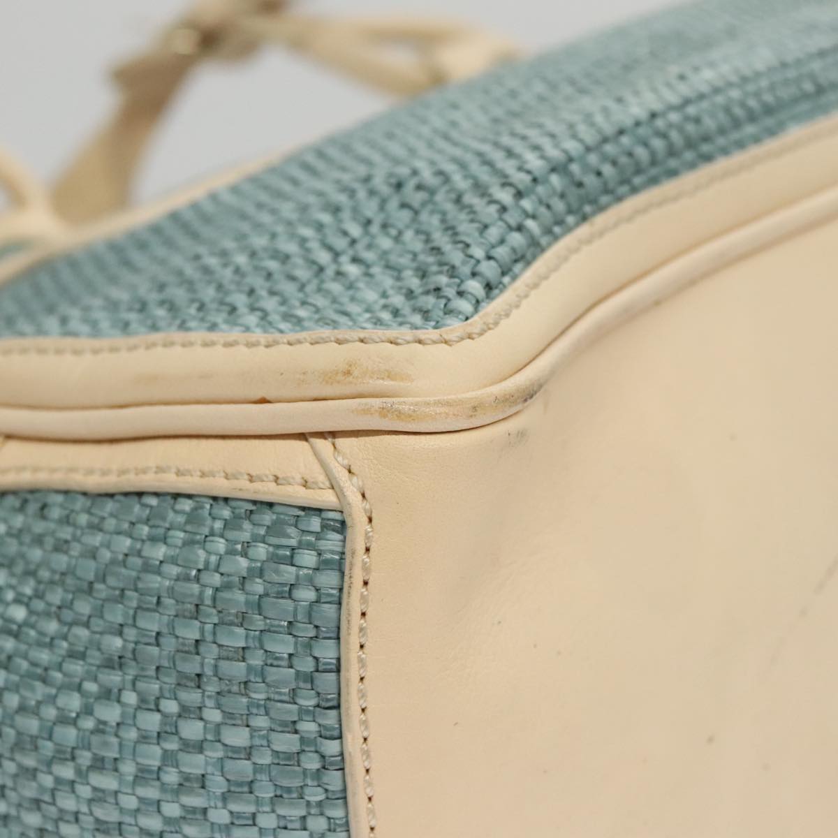 CELINE Hand Bag Straw Leather Blue Cream Gold Auth 103294