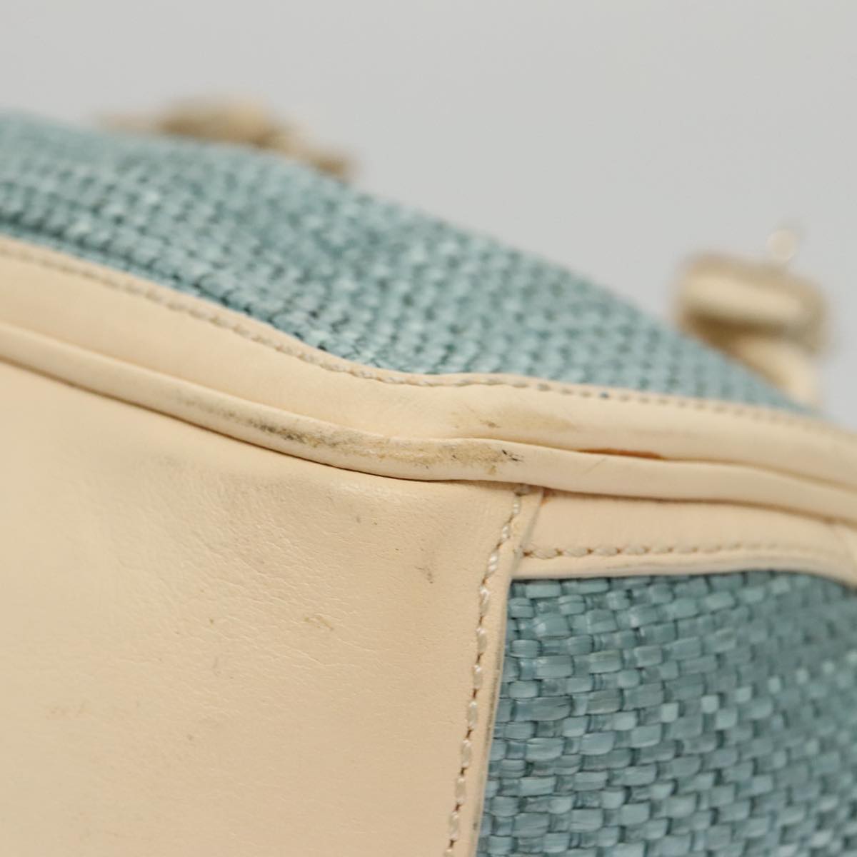 CELINE Hand Bag Straw Leather Blue Cream Gold Auth 103294