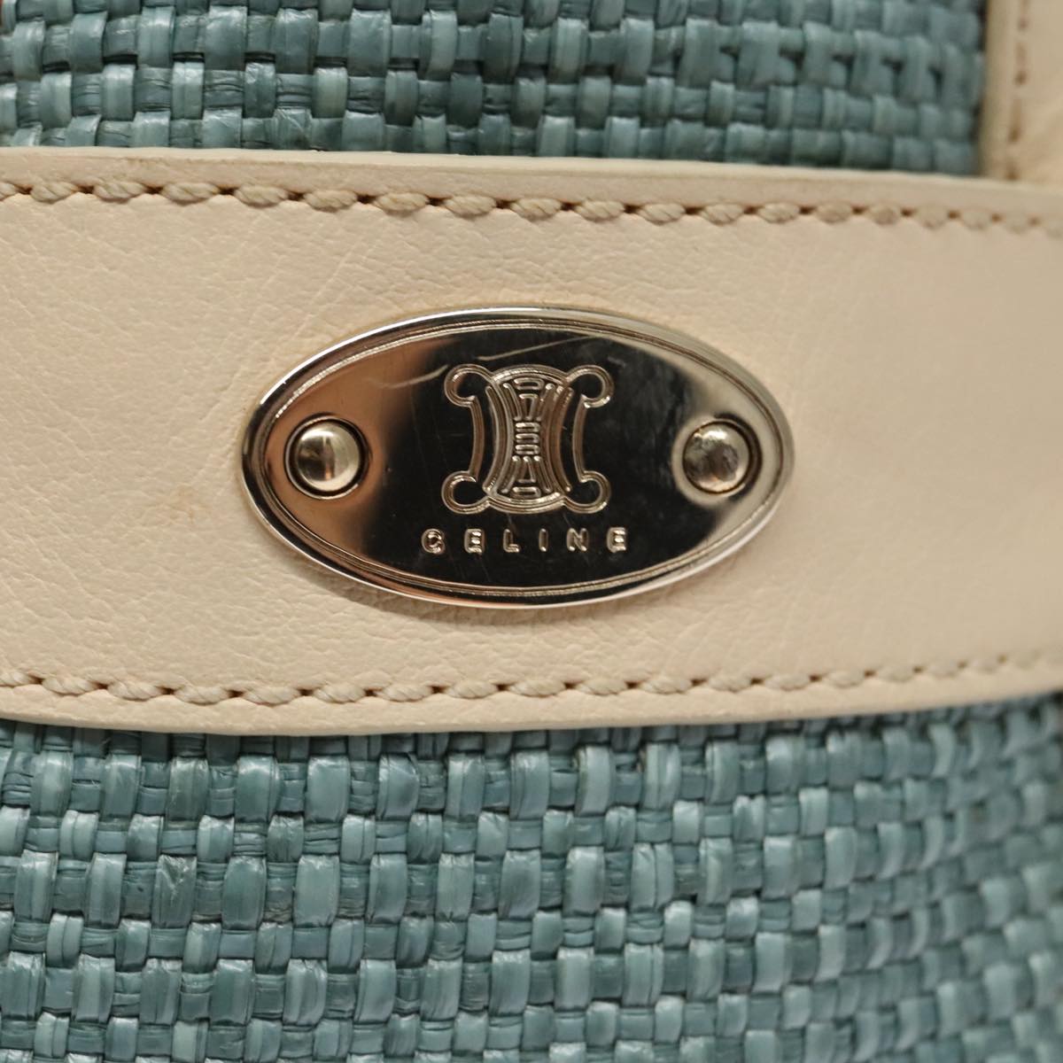 CELINE Hand Bag Straw Leather Blue Cream Gold Auth 103294