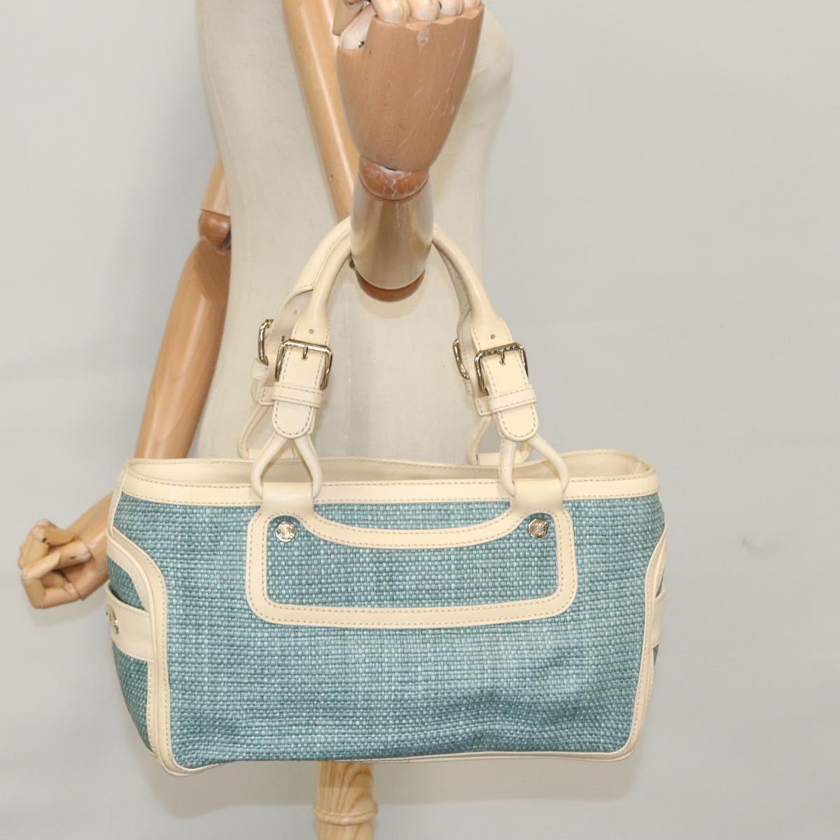 CELINE Hand Bag Straw Leather Blue Cream Gold Auth 103294