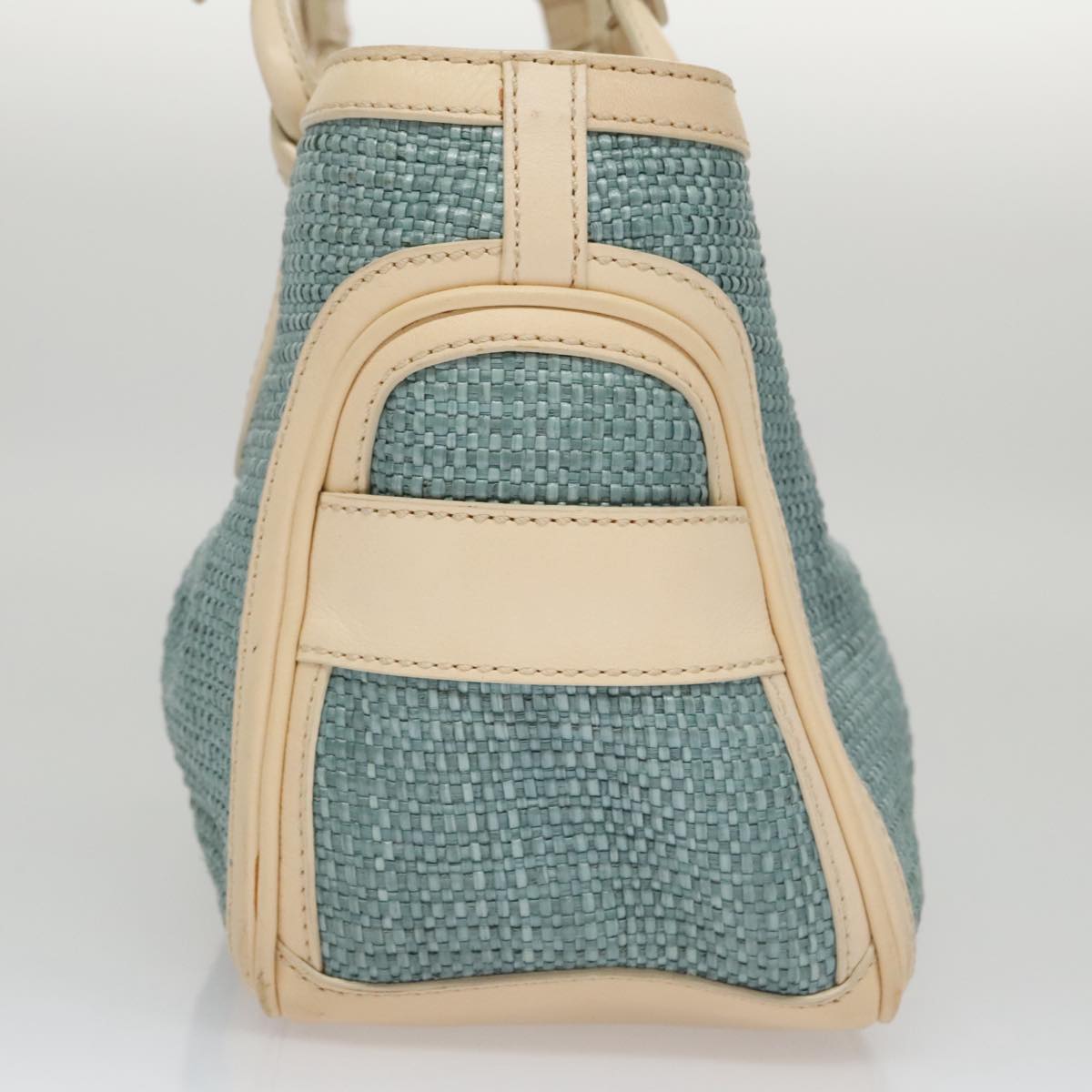 CELINE Hand Bag Straw Leather Blue Cream Gold Auth 103294