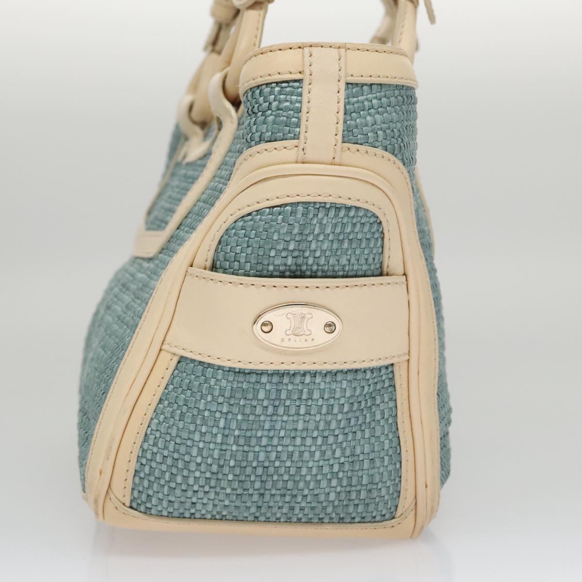 CELINE Hand Bag Straw Leather Blue Cream Gold Auth 103294