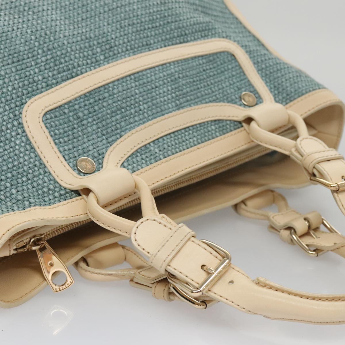 CELINE Hand Bag Straw Leather Blue Cream Gold Auth 103294