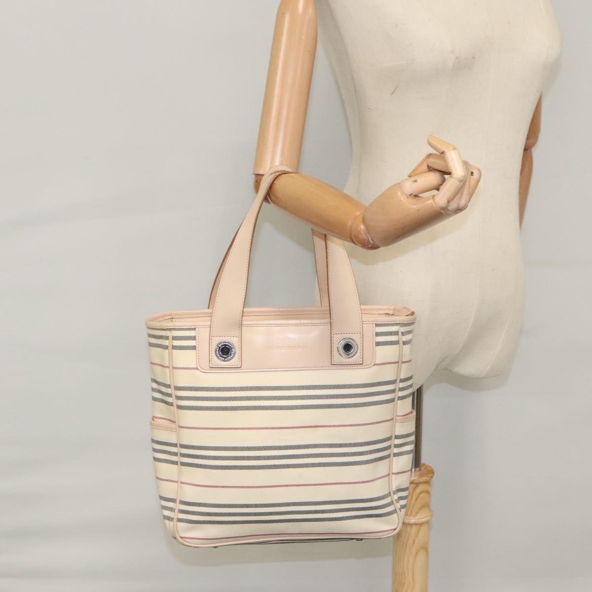 BURBERRY Shoulder Bag Canvas Leather Beige Cream Silver Auth 103299