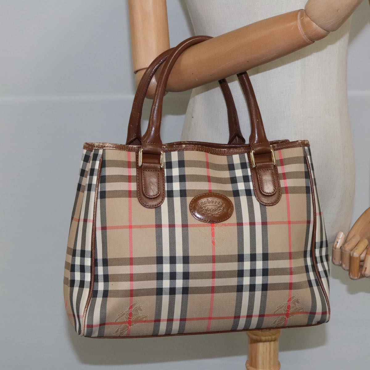 Burberrys Nova Check Hand Bag Canvas Beige Auth 103301