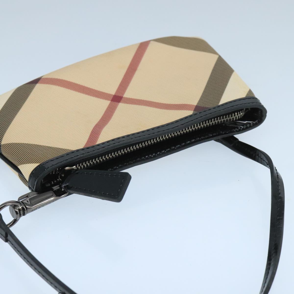 BURBERRY Nova Check Pouch Coated Canvas Enamel Beige Black Auth 103303