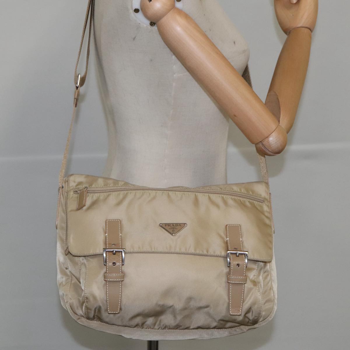 PRADA Shoulder Bag Nylon Beige Silver Auth 103337