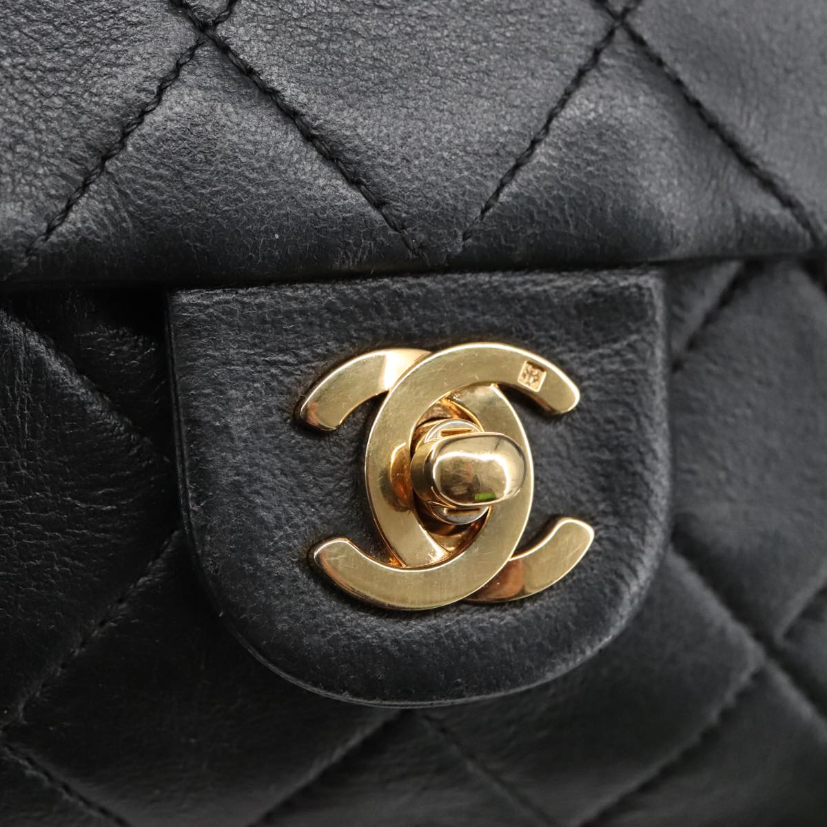 CHANEL Mini Matelasse Chain Shoulder Bag Lamb Skin Black Gold CC Auth 103354