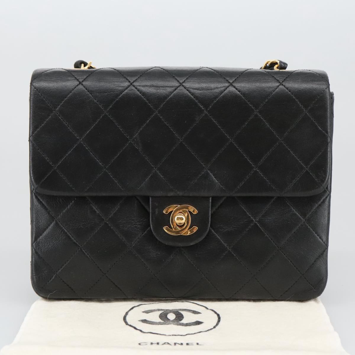 CHANEL Mini Matelasse Chain Shoulder Bag Lamb Skin Black Gold CC Auth 103354