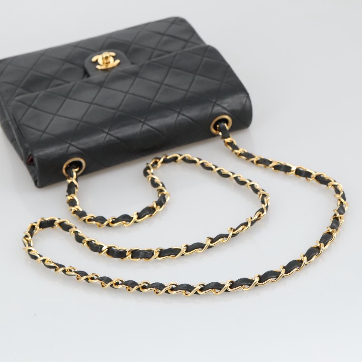 CHANEL Mini Matelasse Chain Shoulder Bag Lamb Skin Black Gold CC Auth 103354