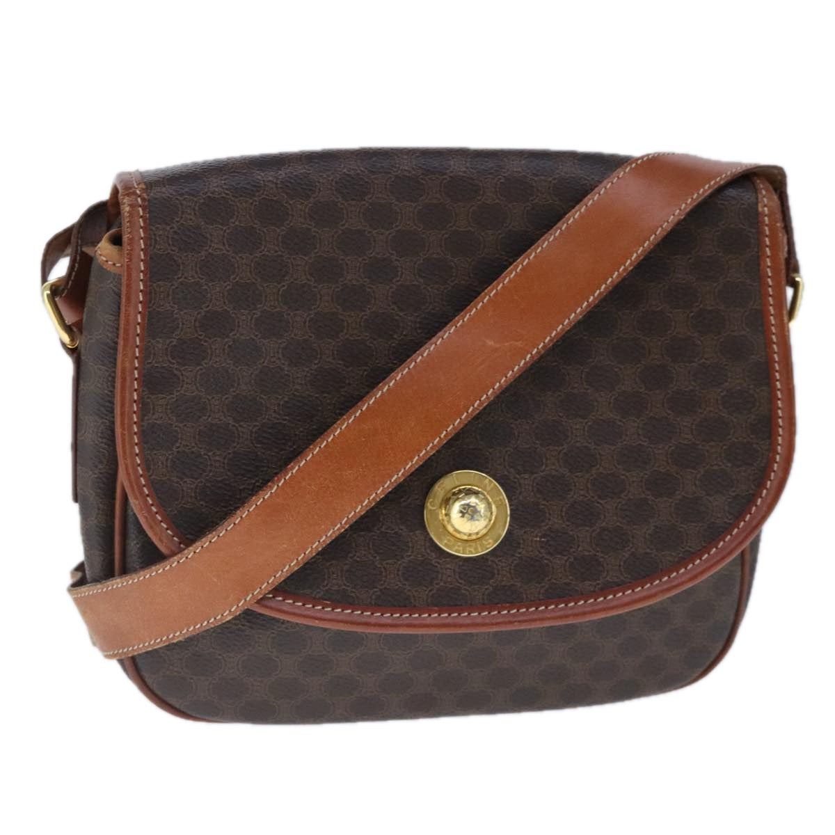 CELINE Macadam Canvas Shoulder Bag PVC Leather Brown Auth 103438