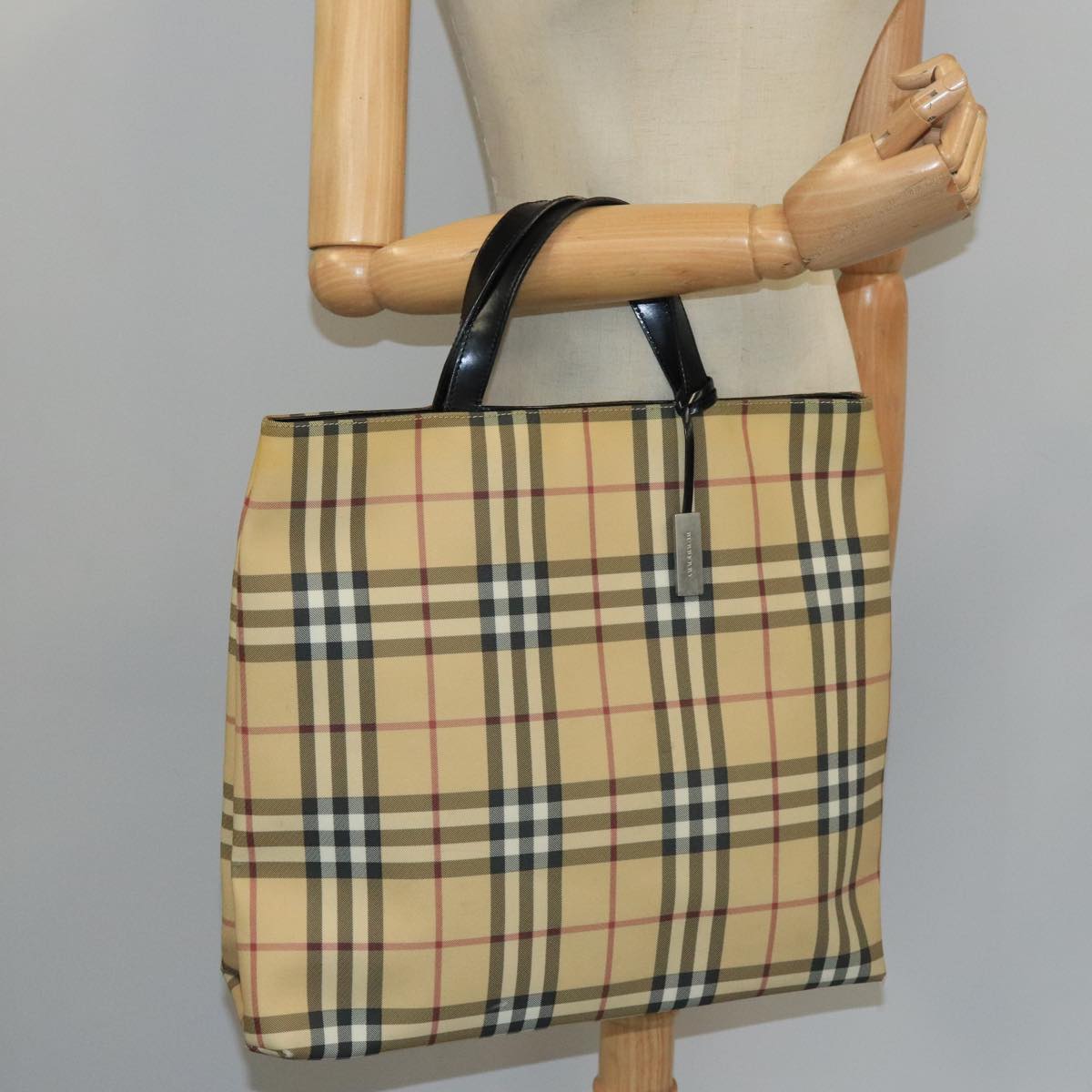 BURBERRY Nova Check Tote Bag PVC Leather Beige Black Auth 103445