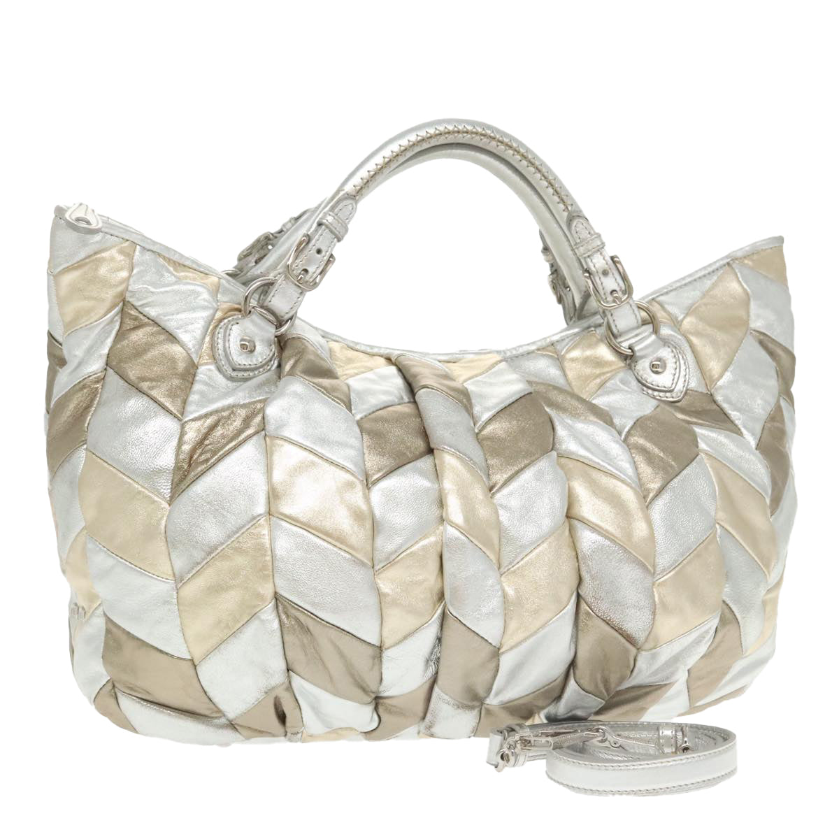 Miu Miu Hand Bag Leather 2way Silver Gold Auth 103449