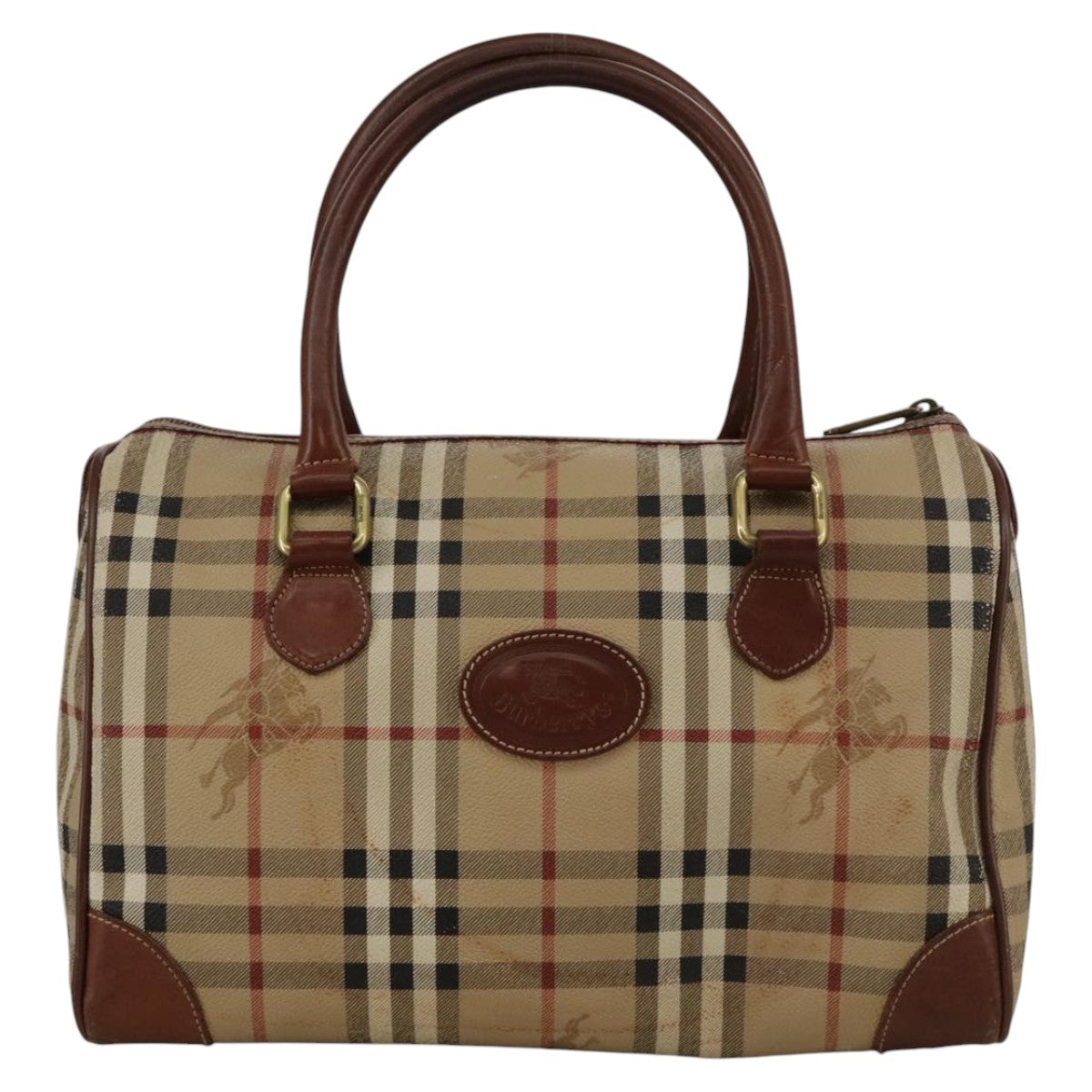 Burberrys Nova Check Boston Bag PVC Leather Beige Auth 103460