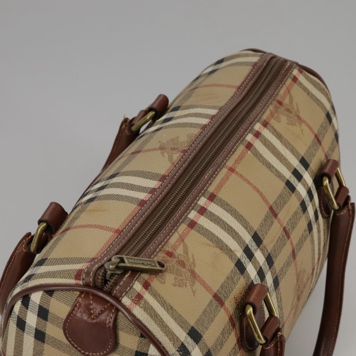 Burberrys Nova Check Boston Bag PVC Leather Beige Auth 103460