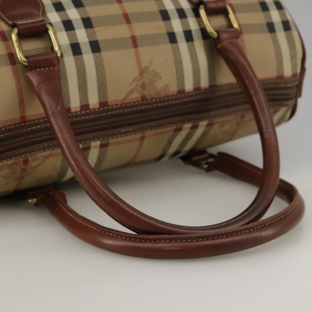 Burberrys Nova Check Boston Bag PVC Leather Beige Auth 103460