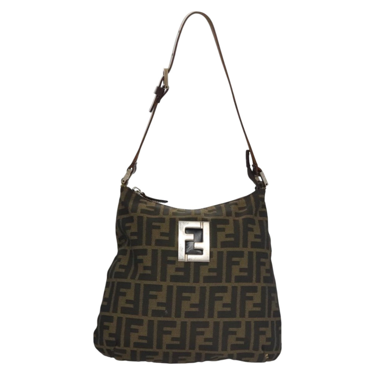 FENDI Zucca Canvas Shoulder Bag Brown Black Auth 103542