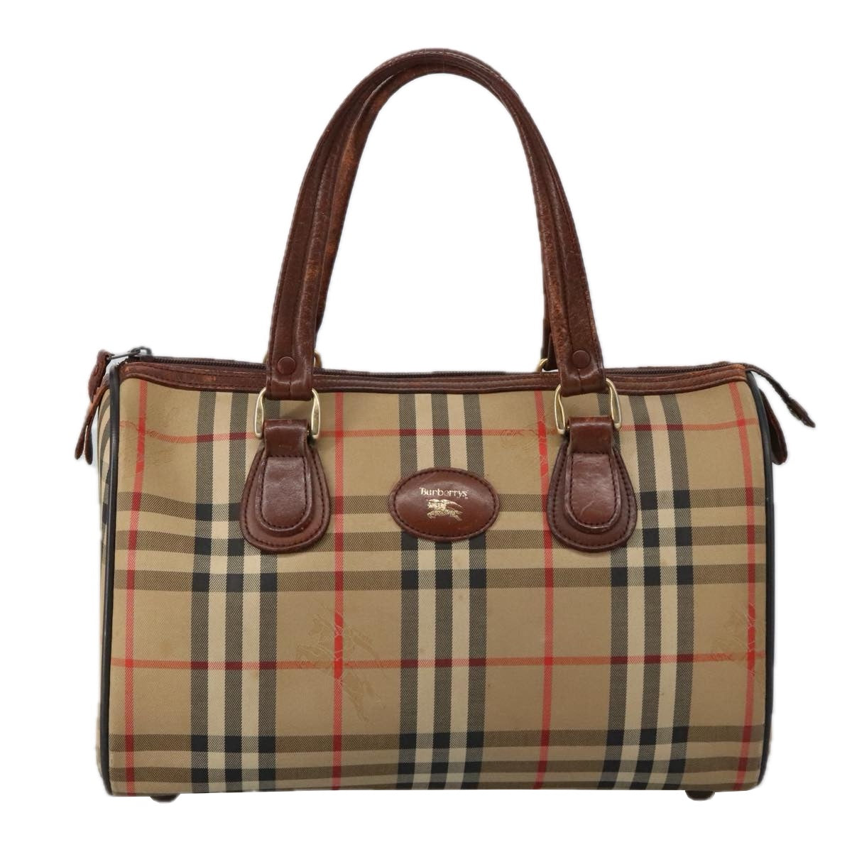 Burberrys Nova Check Boston Bag Canvas Beige Auth 103567