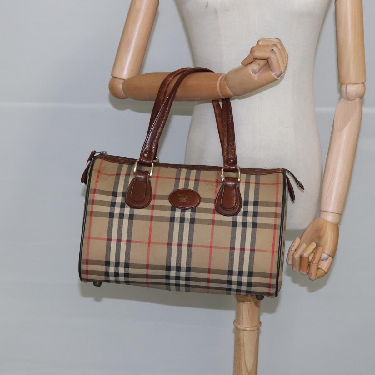 Burberrys Nova Check Boston Bag Canvas Beige Auth 103567