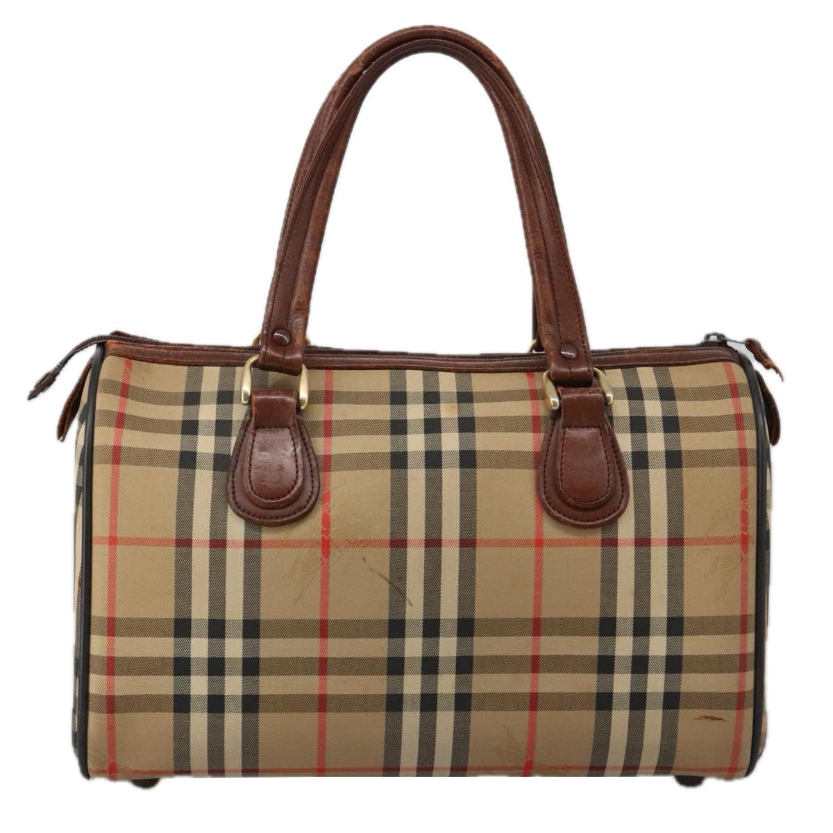 Burberrys Nova Check Boston Bag Canvas Beige Auth 103567