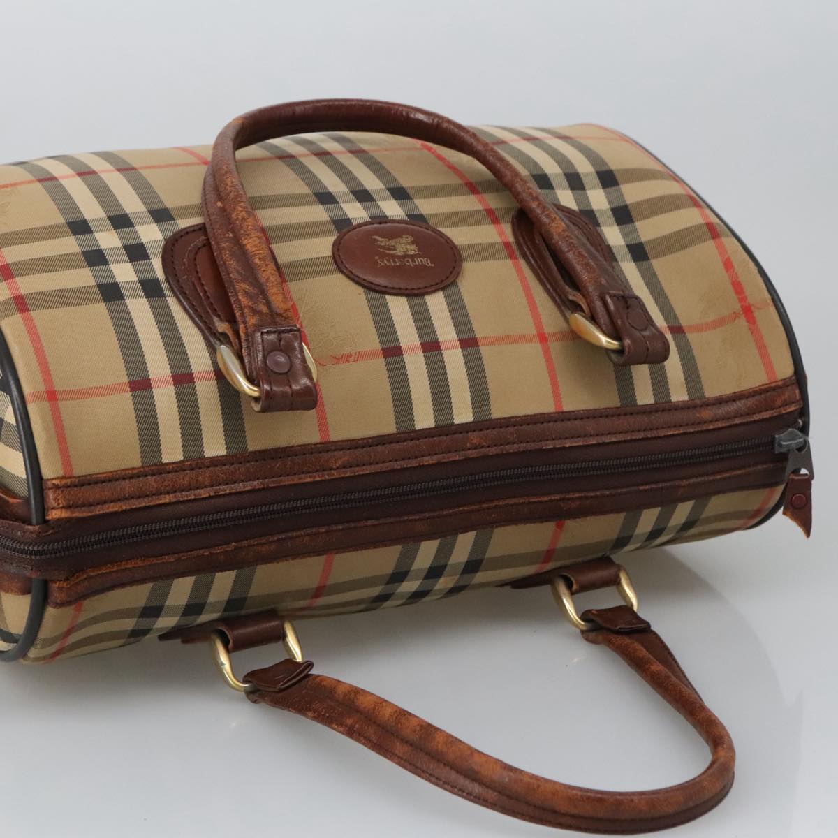 Burberrys Nova Check Boston Bag Canvas Beige Auth 103567