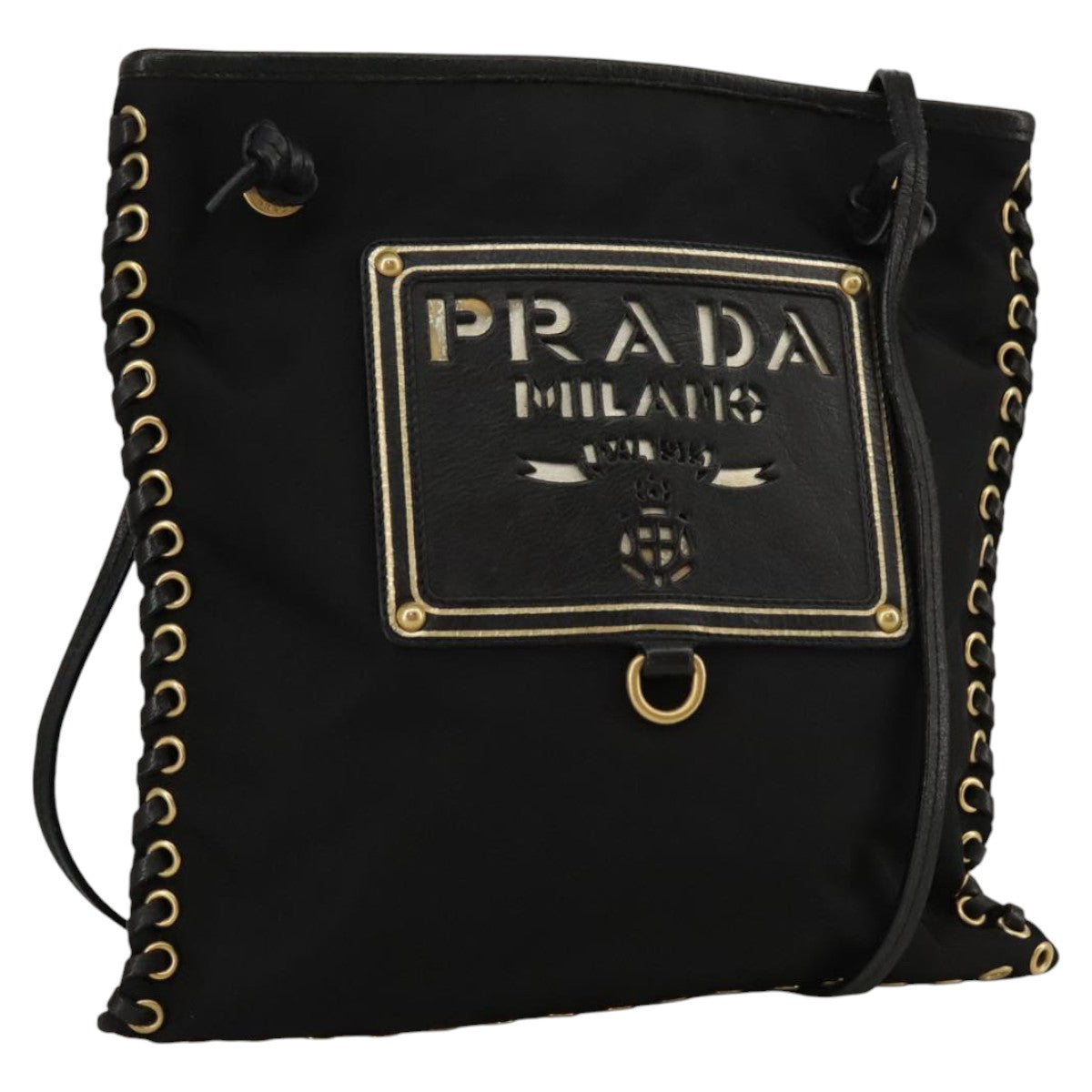 PRADA Shoulder Bag Nylon Black Gold Auth 103580