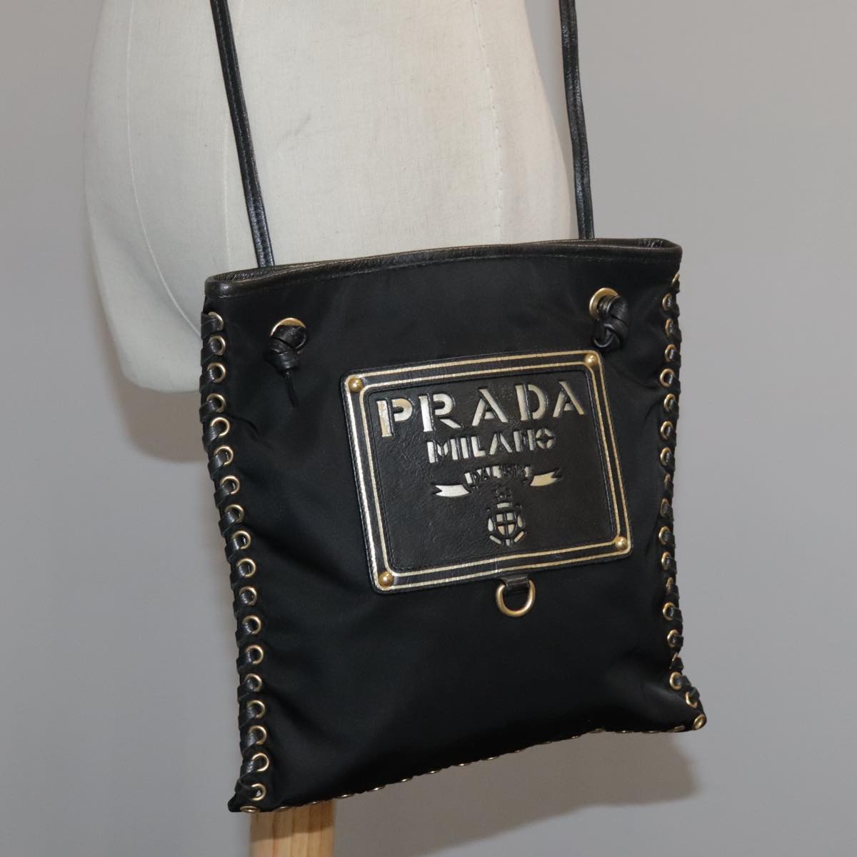 PRADA Shoulder Bag Nylon Black Gold Auth 103580