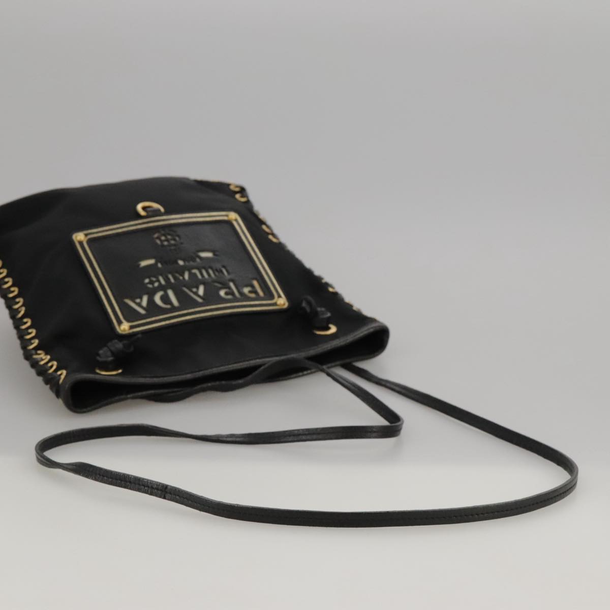 PRADA Shoulder Bag Nylon Black Gold Auth 103580