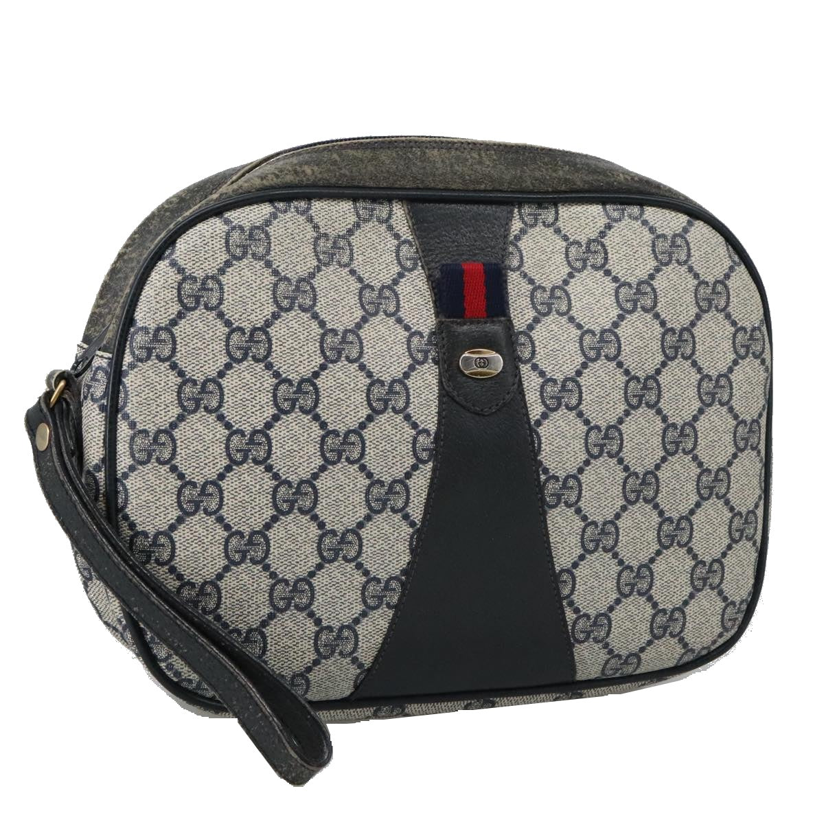 GUCCI GG Supreme Sherry Line Clutch Bag PVC Navy Red 89 01 034 Auth 103583