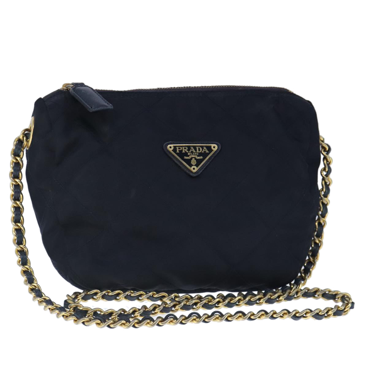 PRADA Chain Shoulder Bag Nylon Navy Gold Auth 103639