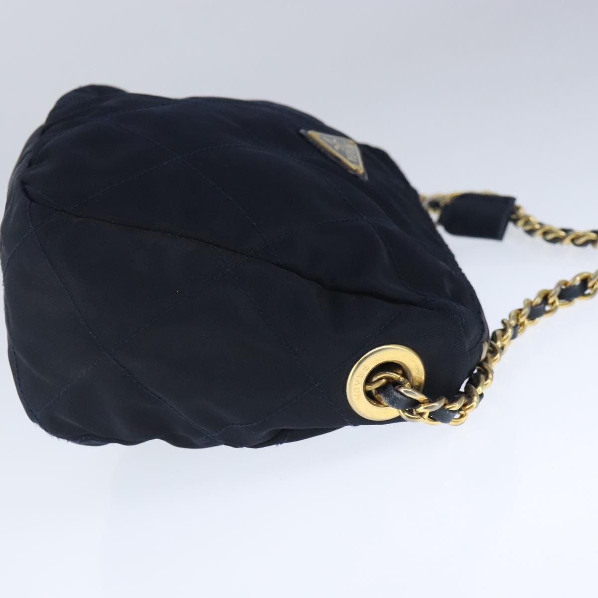 PRADA Chain Shoulder Bag Nylon Navy Gold Auth 103639