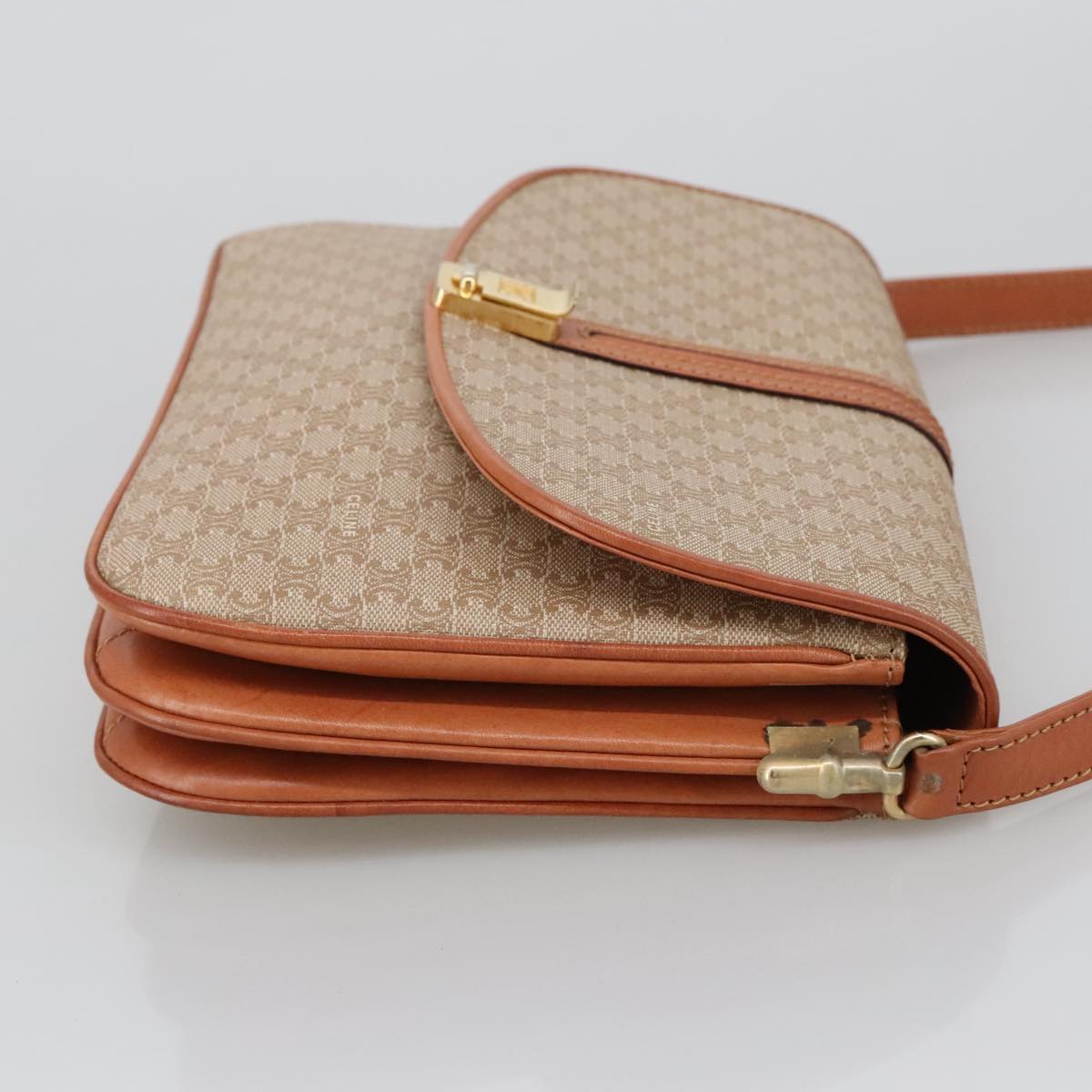 CELINE Macadam Canvas Shoulder Bag Beige Gold Auth 103641