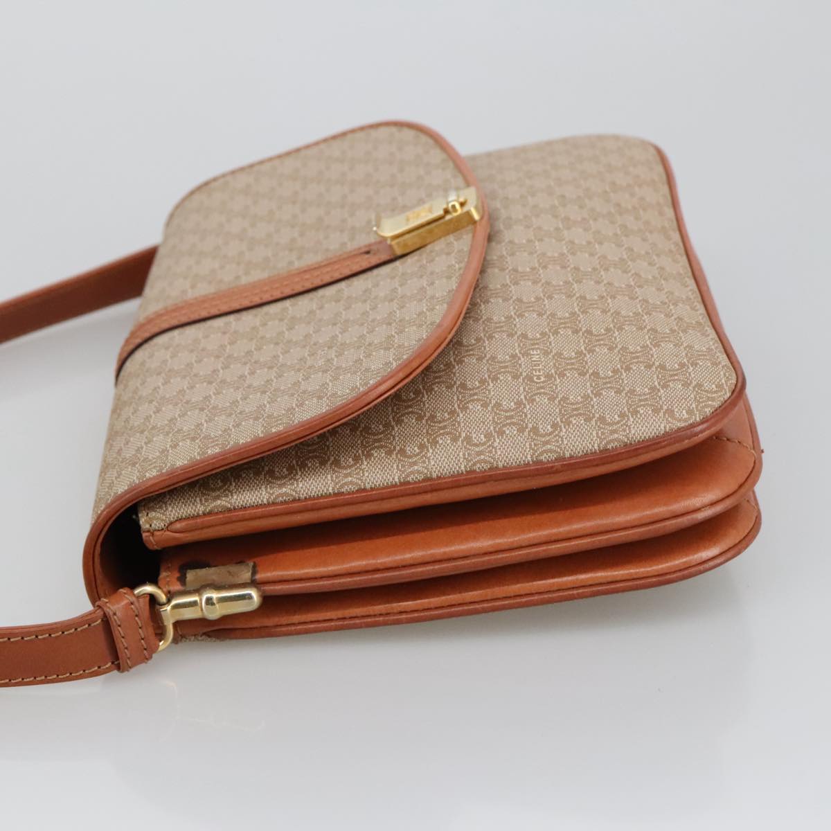 CELINE Macadam Canvas Shoulder Bag Beige Gold Auth 103641