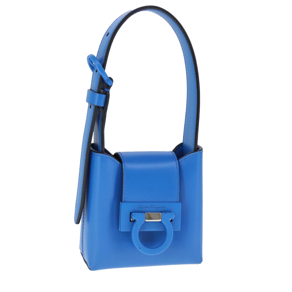 Salvatore Ferragamo Gancini Hand Bag Leather Blue Silver Auth 103652AM