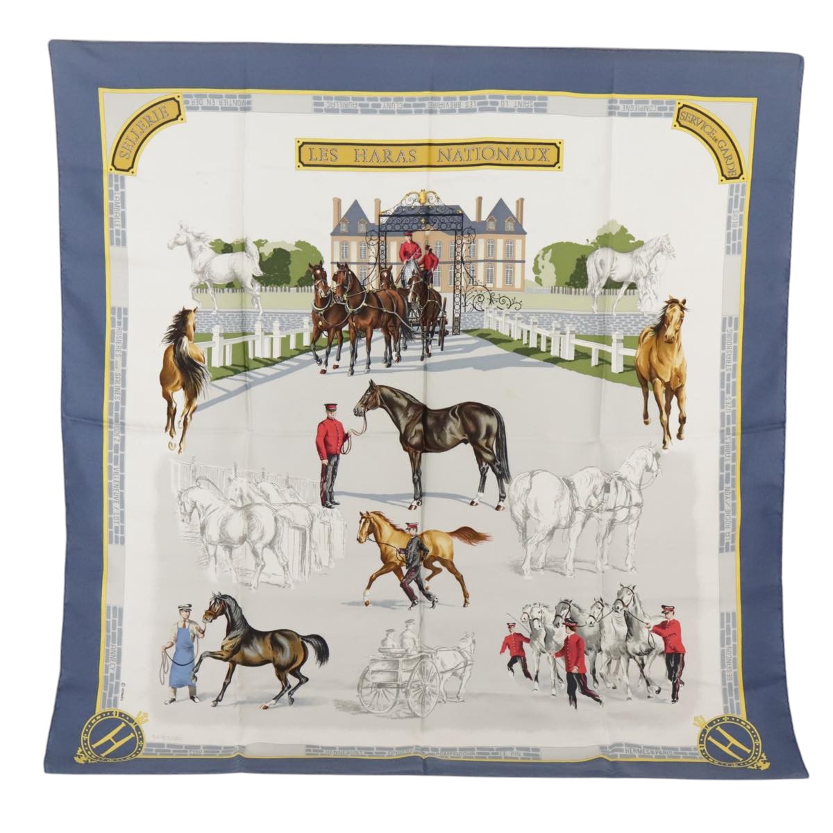 HERMES Carre 90 Scarf Silk ""LES HARAS NATIONAUX"" Blue Auth 103661