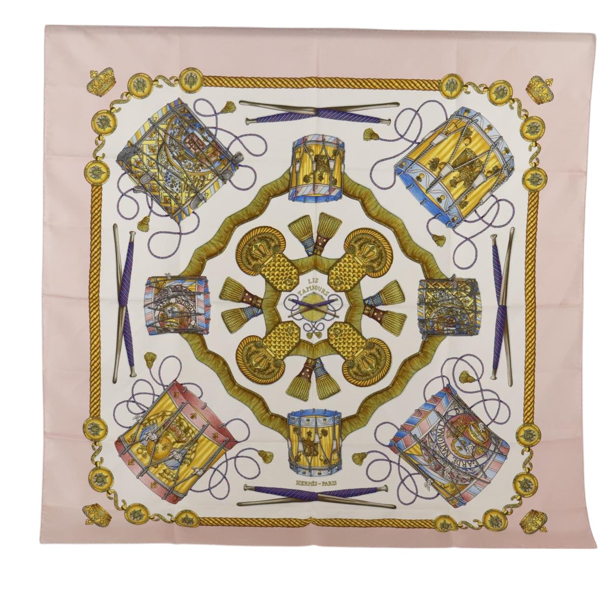 HERMES Carre 90 Scarf Silk ""LES TAMBOURS"" Pink Auth 103663